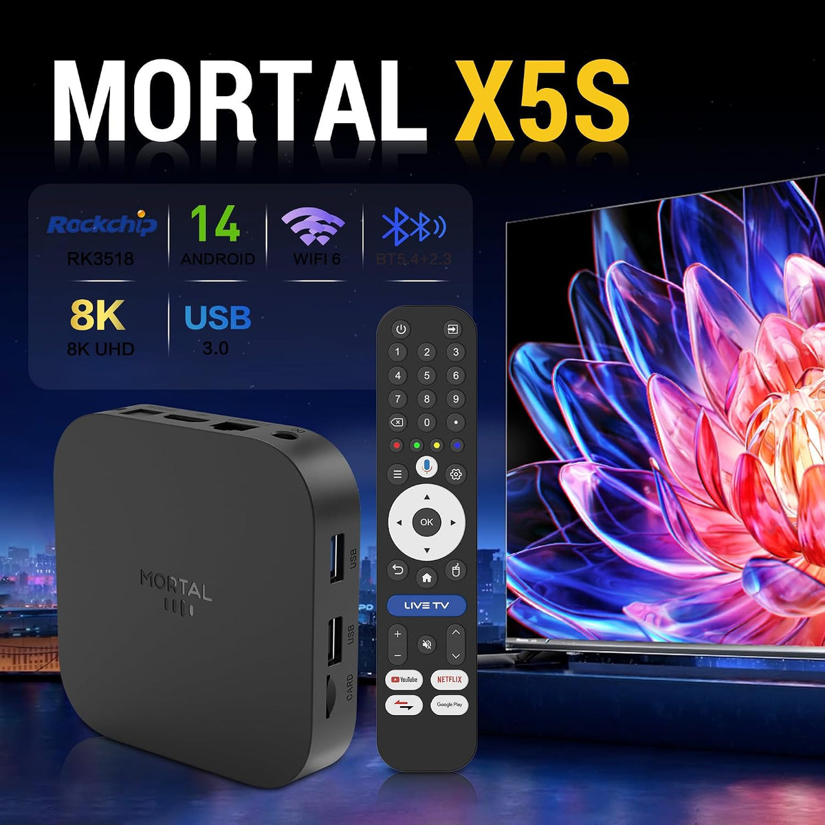 Android 14 TV Box 2026, 8K Ultra HD with 2GB RAM 16GB ROM RK3518 WIFI6