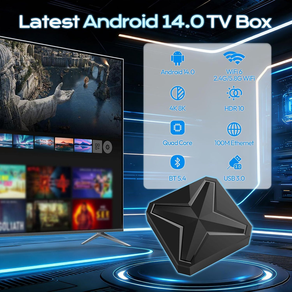 Android TV Box 2026, Android 14 TV Box Support 4K 8K WiFi 6 2.4G/5.8G Dual-Band WiFi 100M Ethernet, Smart Box for TV with 2GB 16GB RK3518 Quad-core CPU Bluetooth 5.4 USB 3.0