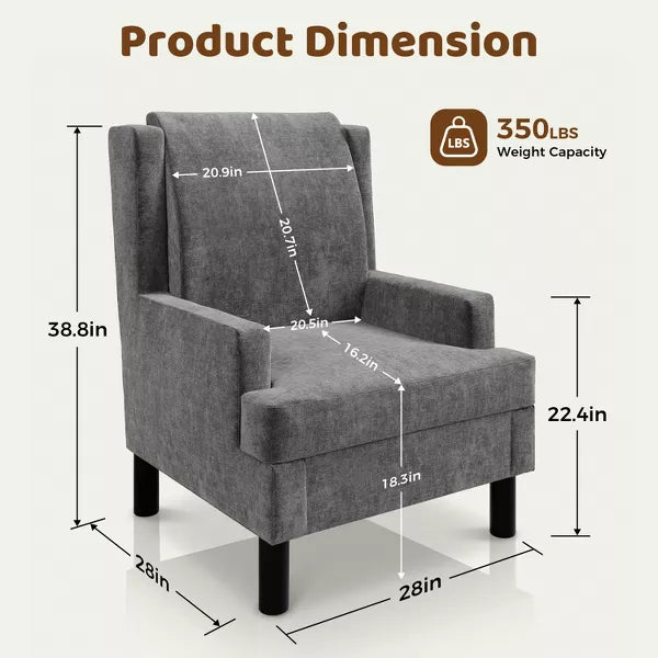 Wingback Accent Chair – High Back, Soft Pillow, Chenille Upholstery, Sturdy Wood Legs – Modern Comfy Armchair for Living Room & Bedroom,Grey