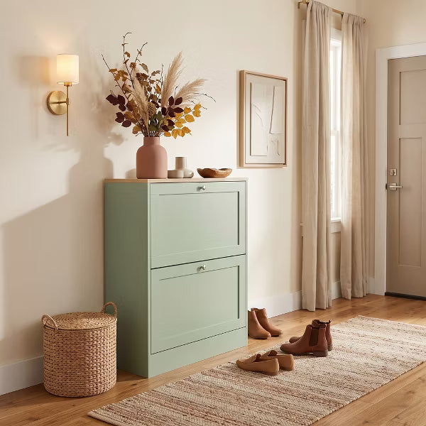 Narrow Shoe Storage Cabinet for Entryway with 2 Flip Drawers, Adjustable Shelves, Hidden Shoe Organizer with Light Oak Top