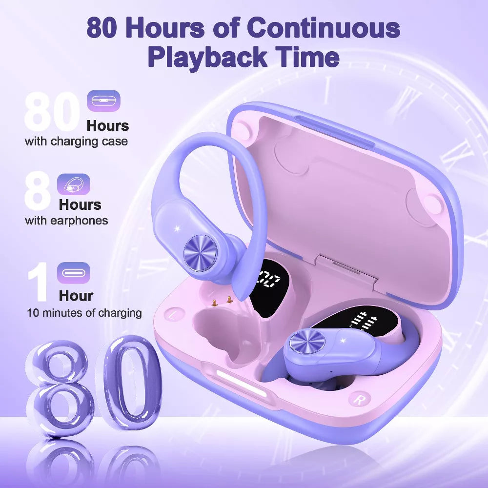 VEAT00L V6 Bluetooth Headphones Wireless Earbuds 88Hrs Playback Sport Ear Buds with Earhook Digital Display Charging Case IPX7 Waterproof