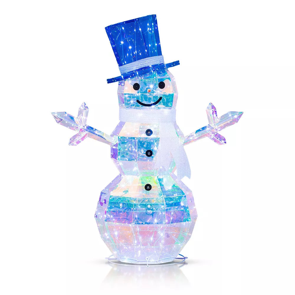 Romswi 4FT Pre-Lit 2.5D Iridescent Prismatic Snowman Lighted Outdoor Christmas Decoration w/ 100 LED Lights Xmas Holiday Decor for Yard Patio Garden