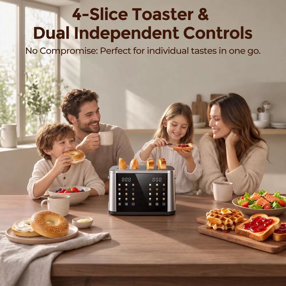Teendow 4 Slice Toaster Stainless Steel, Extra Wide Slot Toasters 4 Slice Dual Control, 6 Shade Settings