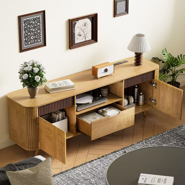 Qwatto Modern 54'' TV Stand For TVs Up To 65'' Fluted Media Console With Drawer Charging Station Mid Entertainment Center Living Rooms Natural