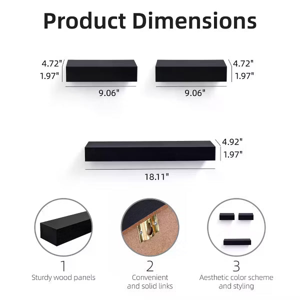 3-Piece Floating Wall Shelves, 18.11" Wood Set for Bedroom, Bathroom, Living Room, Kitchen, Hanging Storage for Books, Plants & Decor, Black