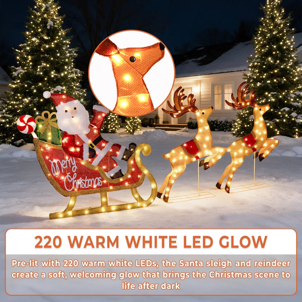Romswi 3pcs Pre-Lit Santa Sleigh and Reindeers Outdoor Christmas Decoration Lighted Xmas Holiday Decor w/ 220 LED Lights for Yard Porch Patio Garden