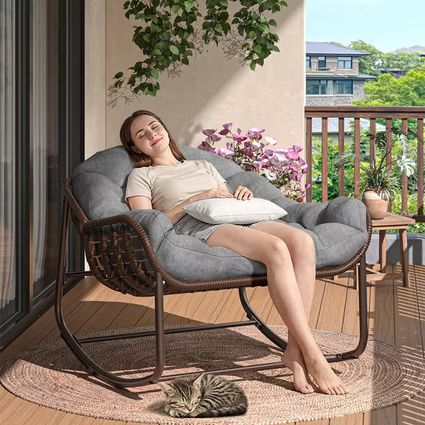 Papasan Rocking Chair, Outdoor Egg Lounge Chair with Cushion & Metal Frame, Oversized Wicker Rocker with Metal Frame for Garden, Living Room, Gray
