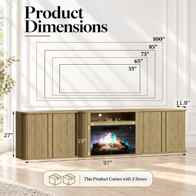 AMERLIFE 97" Fluted Fireplace TV Stand with Sliding Doors and Adjustable Storage, Oak