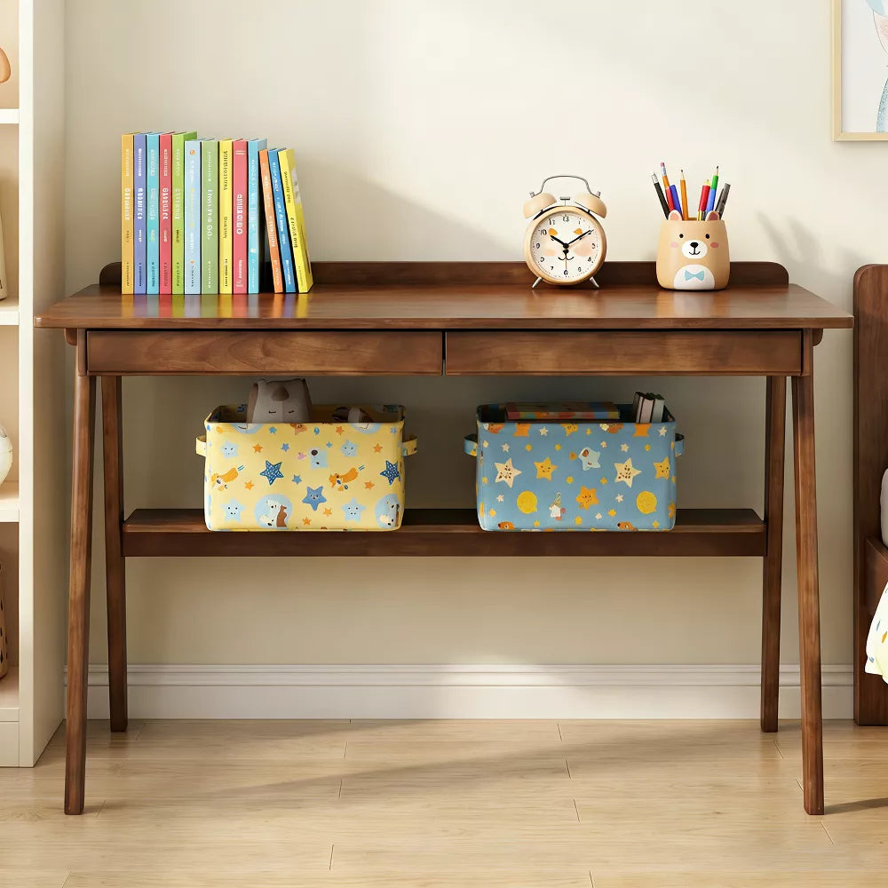 Solid Wood Writing Desk with 2 Drawers & Storage Shelf,Computer Desk with Side Hooks,Small Home Office Desk for Bedroom,Living Room,Dorm&Study Space