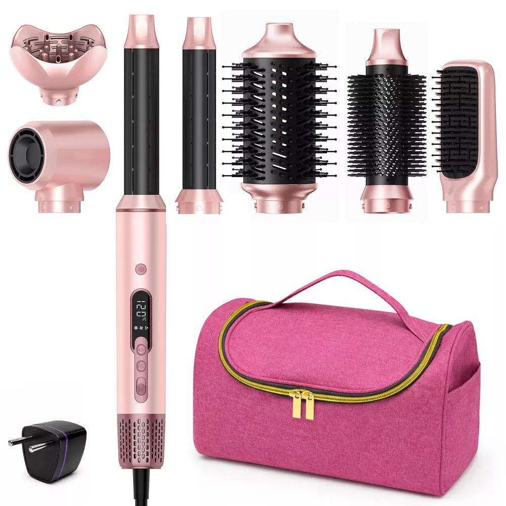 Dual Voltage Hair Dryer Brush for Travel, 7 in 1 Hair Tools Pink