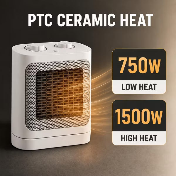 Garvee Ceramic Space Heater for Indoor Use, Portable Electric Desk Heater, 60-Degree Oscillation, 750W/1500W Modes, White
