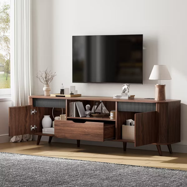 Qwatto 62'' Media Console TV Stand For TVs Up To 65'' Tambour Sliding Door Storage Cabinet With Charging Station Wood Legs Modern Entertainment Unit