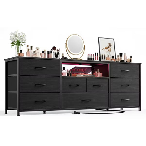Qwatto 55'' Black TV Stand Dresser 9 Drawers With Charging Station LED Media Console For TVs Up To 65 Inch Bedroom Storage Chest Wood Entertainment