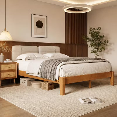 AMERLIFE Full Solid Wood Platform Bed Frame with Tool-Free Joinery, Brown