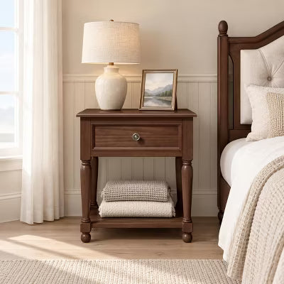 AMERLIFE Wood Nightstand Set of 2 with Drawer, Open Shelf, Turned Legs, Walnut