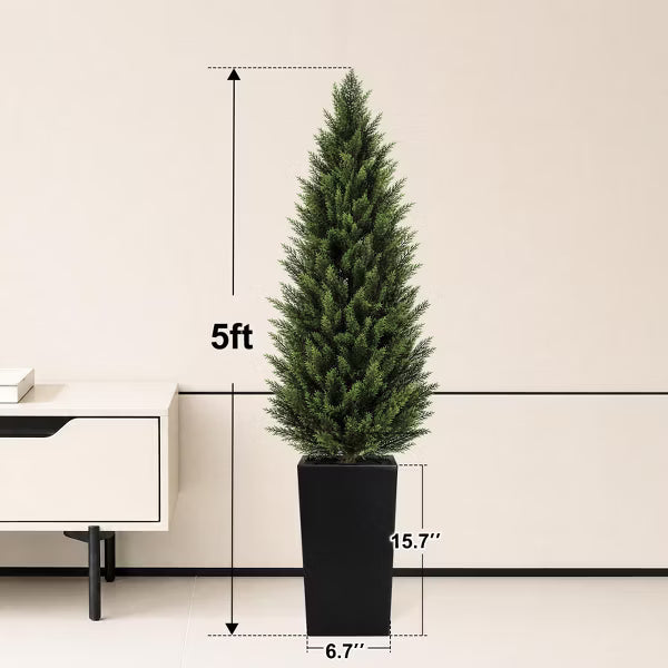 ROMSWI 4FT Artificial Cedar Trees 2-Pack, UV-Protected Faux Topiary in Black Tall Planters for Indoor Outdoor Front Door, Porch, Patio, Garden Decor