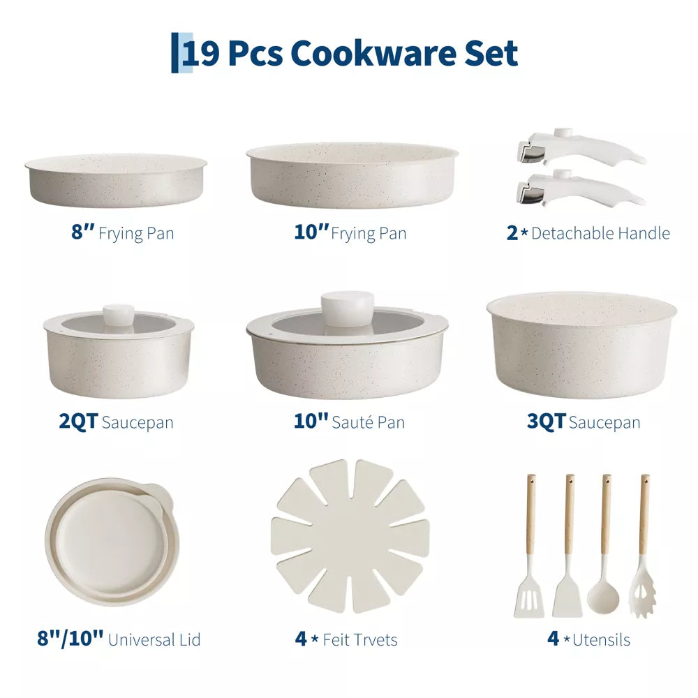 Garvee 19 Pcs Detachable Handle Pots and Pans Set Nonstick Cookware Set