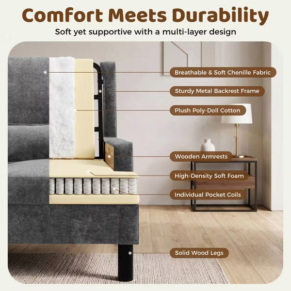 Wingback Accent Chair – High Back, Soft Pillow, Chenille Upholstery, Sturdy Wood Legs – Modern Comfy Armchair for Living Room & Bedroom,Grey