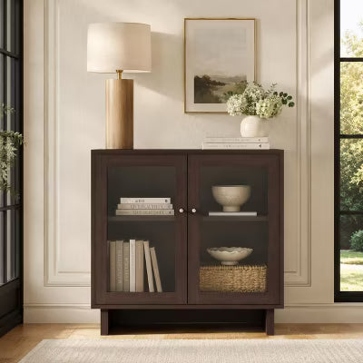 AMERLIFE 31.3" Glass Door Storage Cabinet with Adjustable Shelf, Walnut