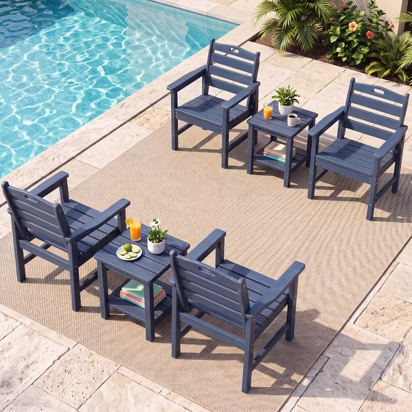 Garvee Patio Dining Chairs Set of 4 with Armrests, HDPE Outdoor All Weather Wood Grain Armchair for Backyard, Blue