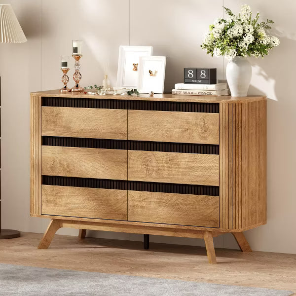 Qwatto 6 Drawer Dresser for Bedroom 47.2" Wide Fluted Chest of Drawers Modern Curved Design Clothes Storage Organizer Hallway Room Natural Oak Finish