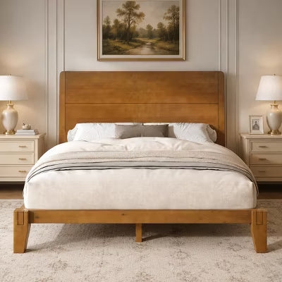 AMERLIFE Queen Solid Wood Platform Bed Frame with Headboard, Japanese Joinery, Brown