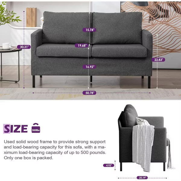 TYBOATLE 51" Modern Small Loveseat Sofa, 2-Seater Fabric Couch with Iron Legs for Apartment, Office, Dorm, or Bedroom, Dark Gray