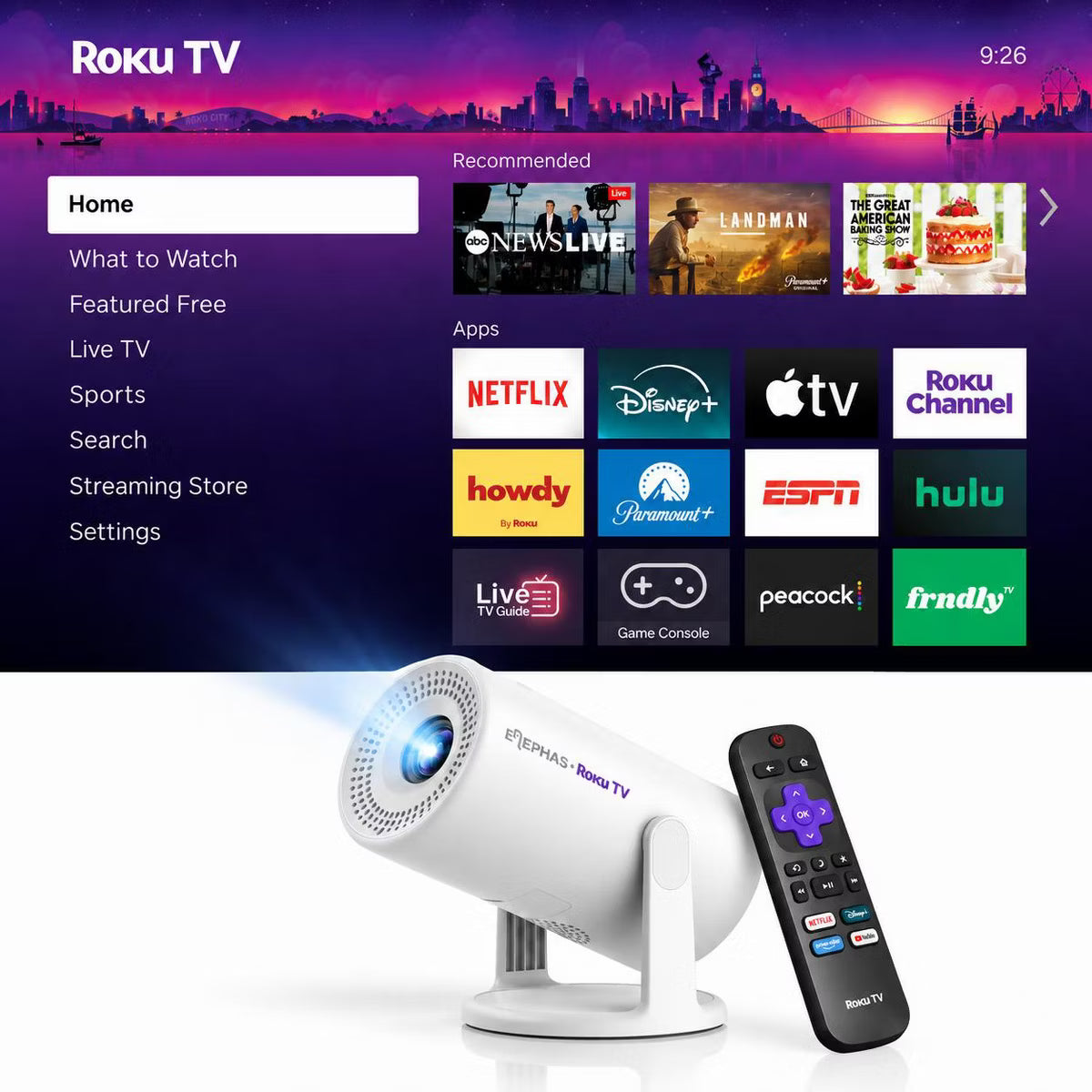 ELEPHAS Roku TV Smart Projector, Built-in Roku TV Streaming Experience, Dolby Audio, Wi-Fi Bluetooth Portable Home and Outdoor Theater