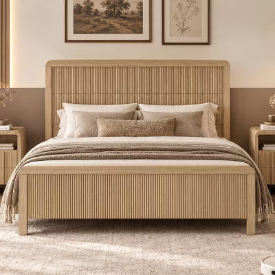 AMERLIFE Full Size Wood Platform Bed with Fluted Headboard and Wood Slats, Natural Oak