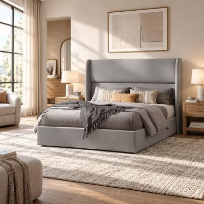 AMERLIFE King Upholstered Lift-Up Storage Bed with Wingback Headboard, Light Grey