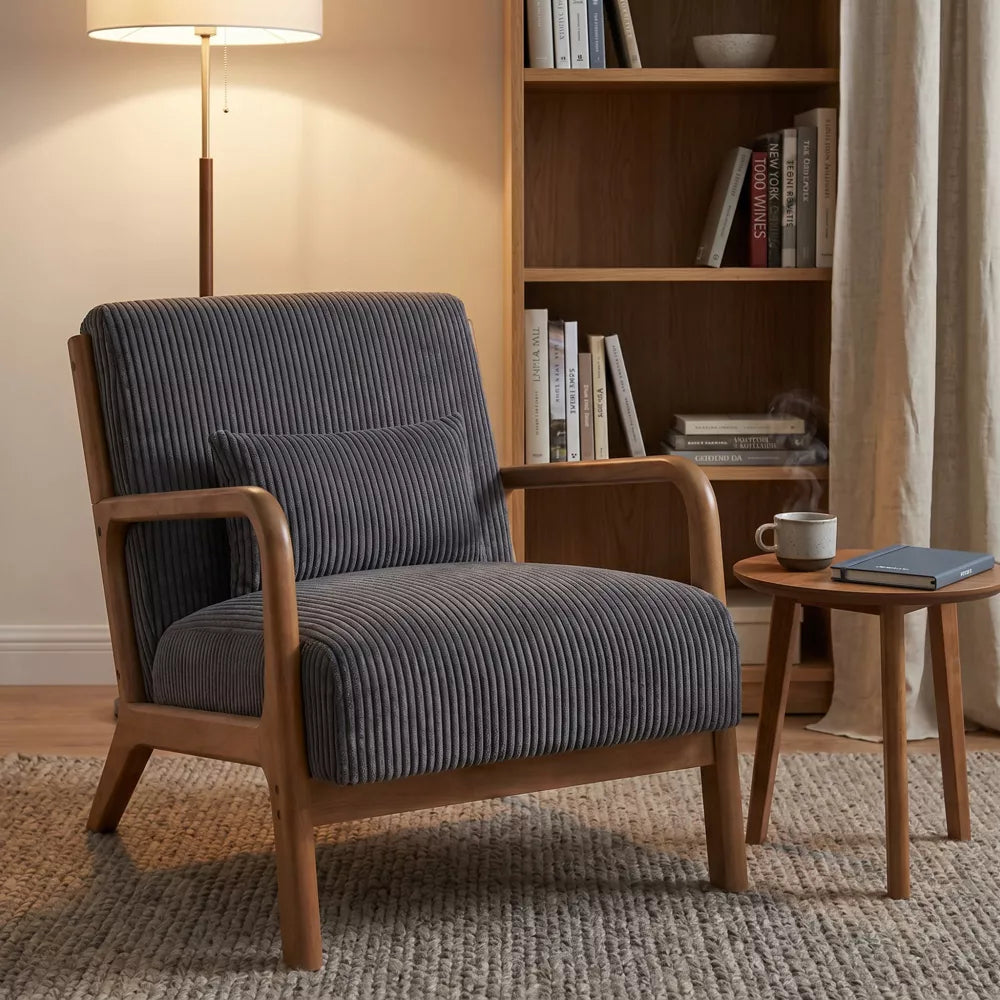 Nordhavn Corduroy Accent Chair with Solid Wood Frame & Lumbar Pillow, Mid-Century Lounge Armchair for Living Room, Dorm, Apartment, Charcoal Gray
