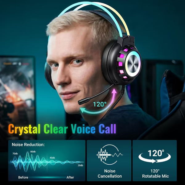 Pro USB Gaming Headset for PC, Computer Headphones with Noise-Cancelling Mic, 7.1 Surround Sound, RGB Light - Wired for PS4/PS5/Laptop