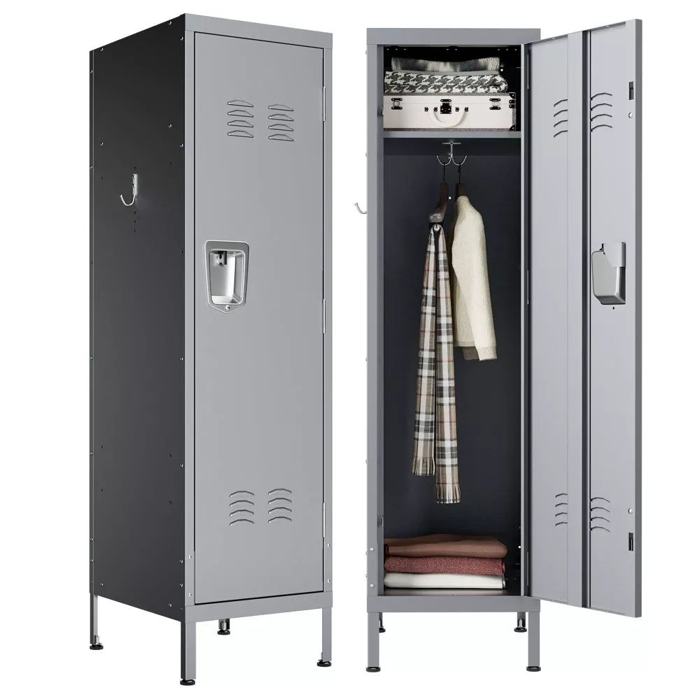 VIYET 55" Steel Wardrobe Cabinet, Slim Metal Clothing Storage Locker with Ventilated Door, Side Hooks & Anti-Tip Kit, Gray