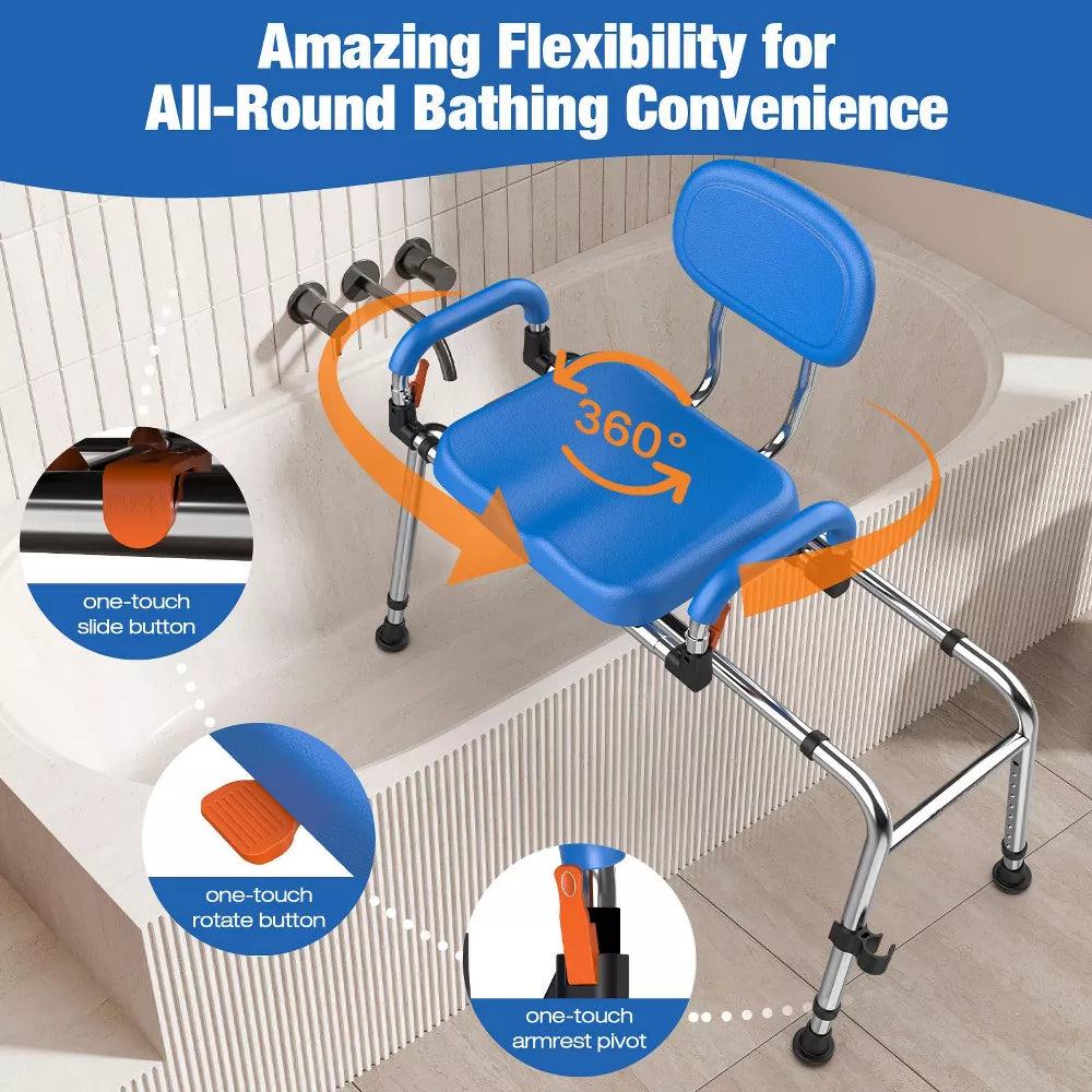 WHLICKS Sliding Shower Chair with Wide 360° Swivel Seat, 450lbs Tub Transfer Bench for Bathtub, Adjustable Height and Arms Width Shower Seat
