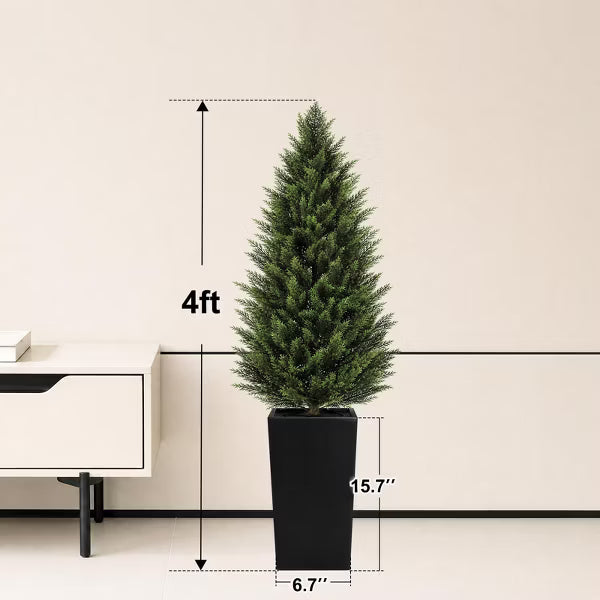 ROMSWI 4FT Artificial Cedar Trees 2-Pack, UV-Protected Faux Topiary in Black Tall Planters for Indoor Outdoor Front Door, Porch, Patio, Garden Decor