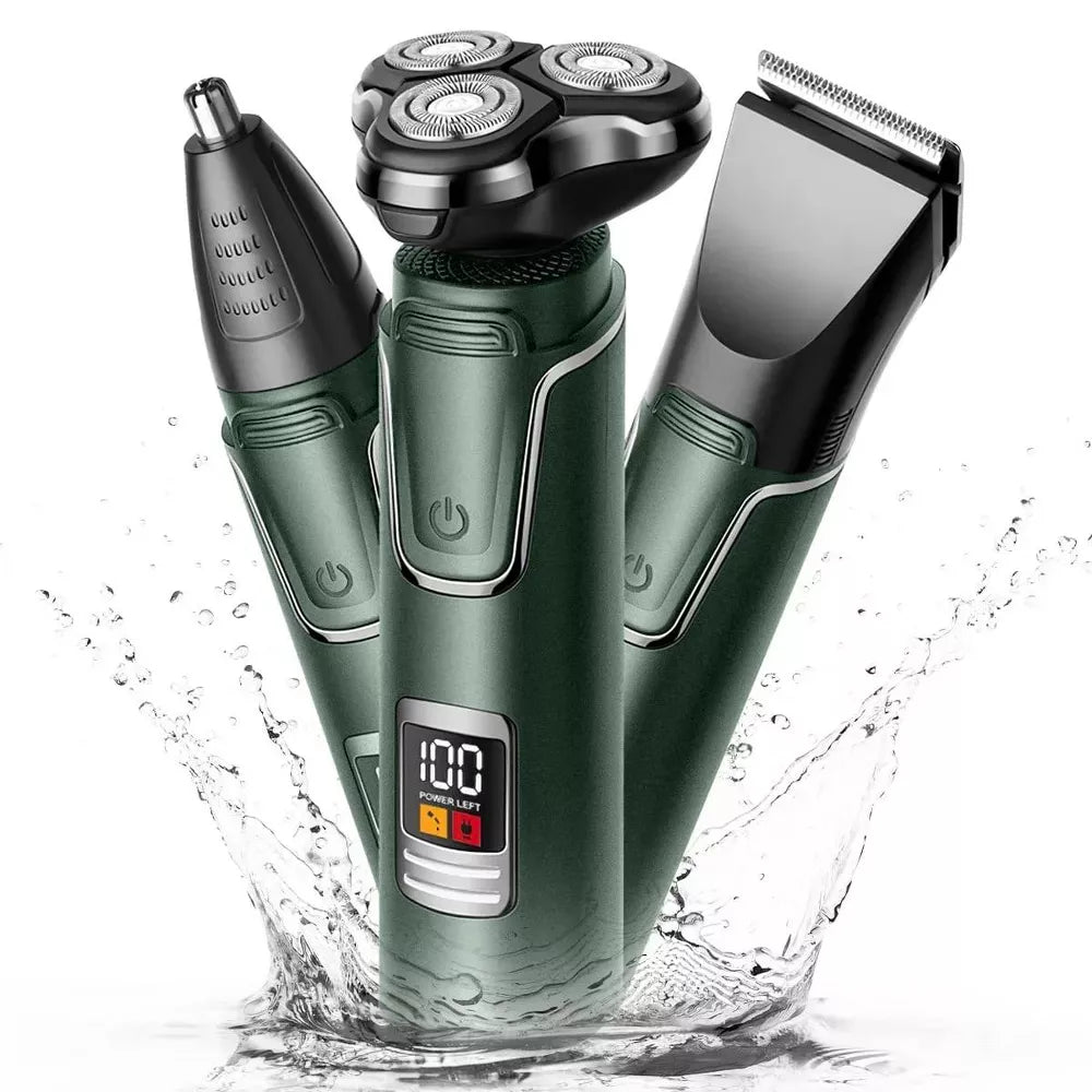 Hoey Men's 3-in-1 Electric Shaver & Grooming Kit - IPX7 Waterproof Cordless Razor with LED Display & Nose Trimmer