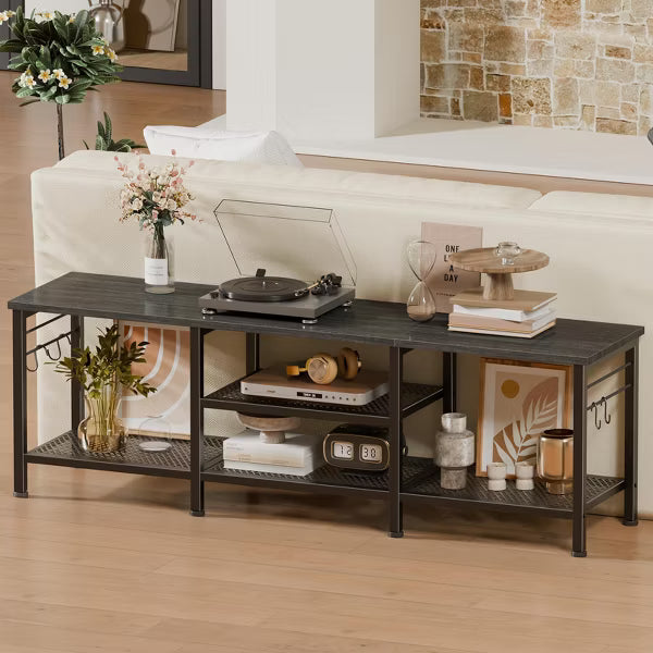 Qwatto 55 Inch Black Oak TV Stand for TVs up to 65 Inch Media Console Entertainment Center Open Storage Shelves Soundbar Shelf Modern Living Room Unit
