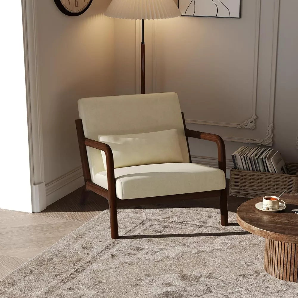 Garvee Mid-Century Modern Accent Chair – Wood Frame, Soft Corduroy/Chenille, Removable Lumbar Pillow, Lounge Chair for Living Room, Bedroom, Office