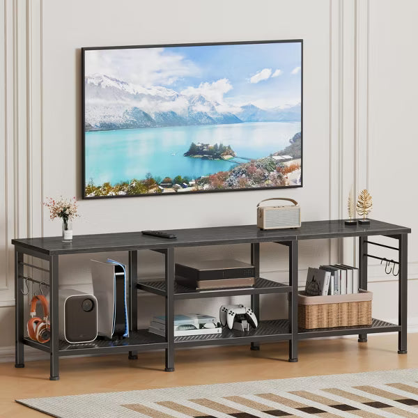 Qwatto 55 Inch Black Oak TV Stand for TVs up to 65 Inch Media Console Entertainment Center Open Storage Shelves Soundbar Shelf Modern Living Room Unit