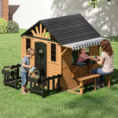 AMERLIFE Large Outdoor Wooden Playhouse with Kitchen, Bench, Fence, Flower Boxes & Awning for Kids