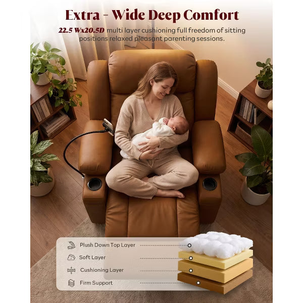 TYBOATLE Swivel Glider Recliner Chair - Brown Faux Leather - Manual Rocker with Adjustable Footrest & Remote Control for Nursing
