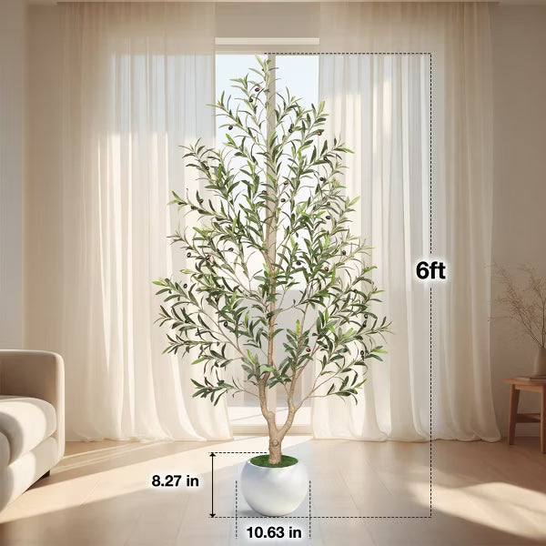 Romswi 6FT Artificial Olive Tree with White Round Planter, Faux Olive Trees with Natural Wood Trunk and Realistic Leaves Fruits, Indoor Decor Home
