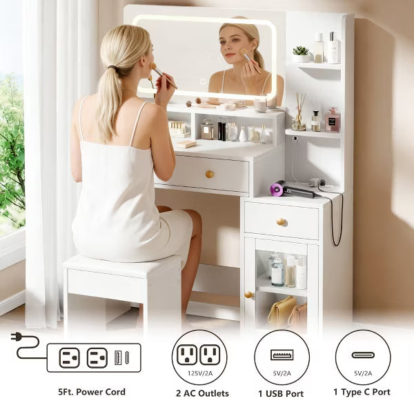 Qwatto Modern White Makeup Vanity Desk with LED Lighted Mirror Charging Station 2 Outlets USB Type C 2 Drawers 3Shelves Acrylic Cabinet Bedroom Vanity