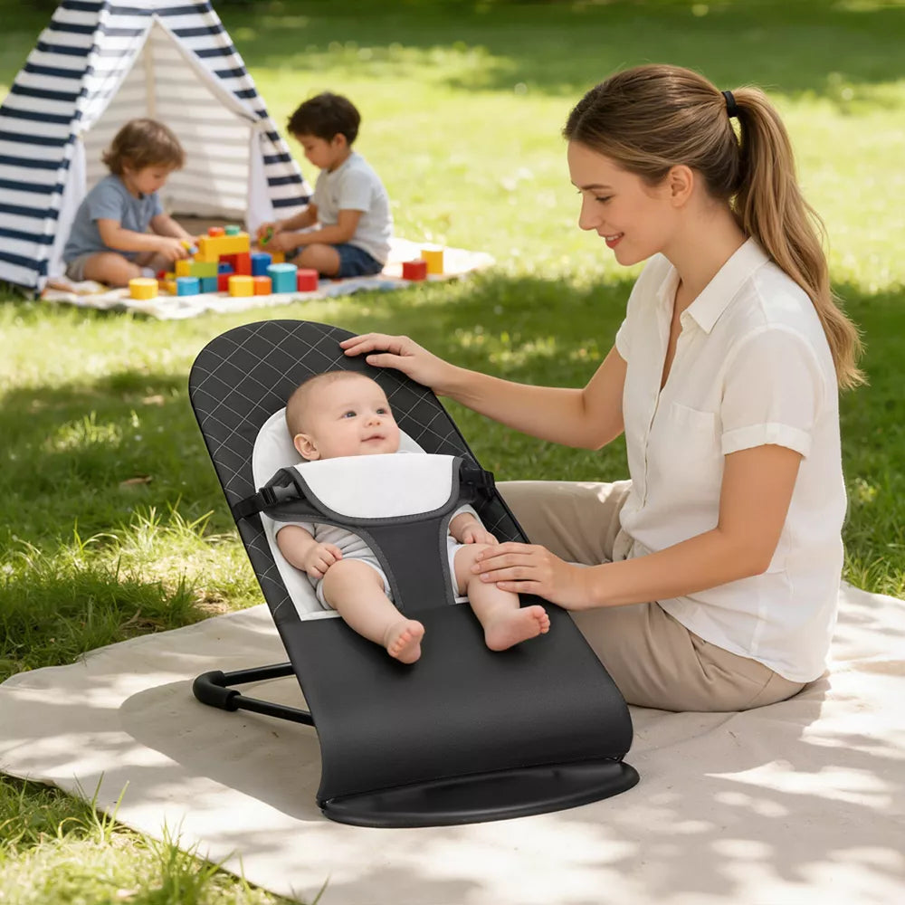 Baby Rocker and Stationary Seat, Foldable 2-in-1 Bouncer with Recline and Toy Bar,Dark Grey