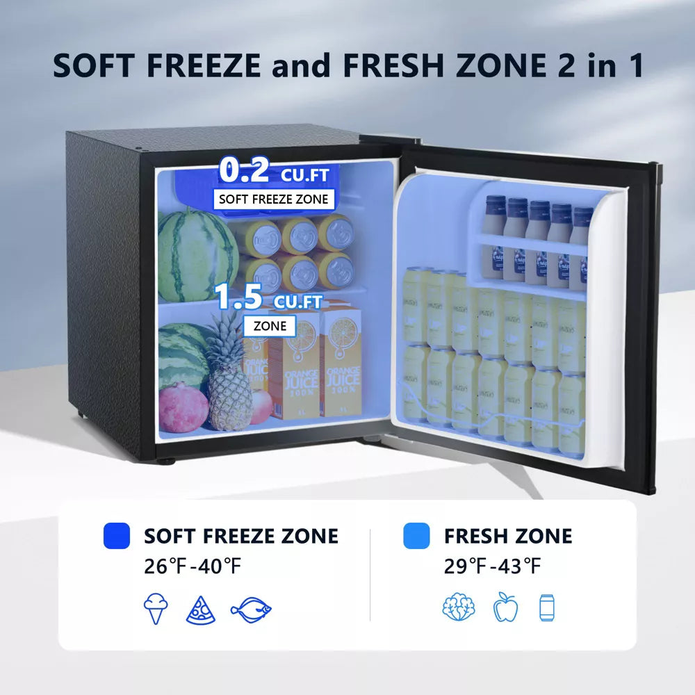 Simzlife 1.6 cu. ft. Mini Fridge with Freezer, Single Reversible Door, 2 Zone, Low Noise, Compact Dorm Freezer, Black