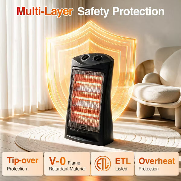 Romswi 1500W Infrared Radiant Quartz Tower Heater, Portable Indoor Electric Space Heater with Fan, Thermostat & Tip-Over Safety for Home & Office