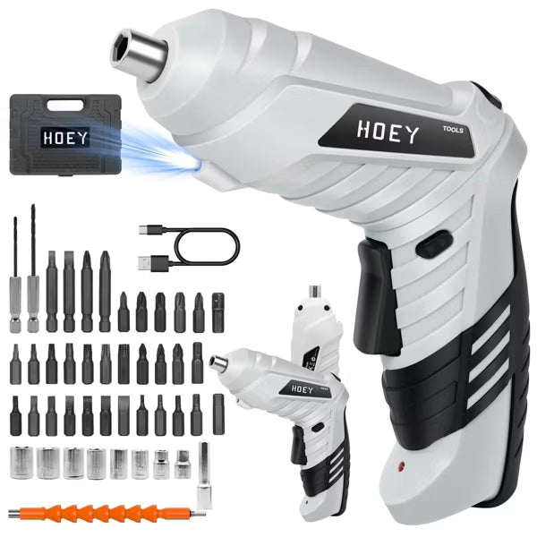 Hoey Cordless Screwdriver, 47 in 1 Electric Screwdriver,Dual Position Handle with USB Cable LED Light for Home Office DIY Tools