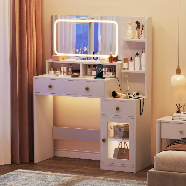 Qwatto Modern White Makeup Vanity Desk with LED Lighted Mirror Charging Station 2 Outlets USB Type C 2 Drawers 3Shelves Acrylic Cabinet Bedroom Vanity