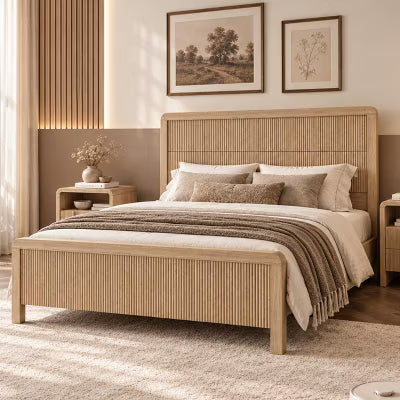AMERLIFE Full Size Wood Platform Bed with Fluted Headboard and Wood Slats, Natural Oak