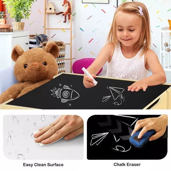 TODECARE Kids Wooden Table and 2 Chairs Set with Storage Drawers, Detachable Tabletop and Activity Surface, Natural